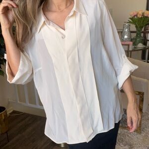 Rena Lange Ivory Silk Pleated Long Sleeve Loose Fit Button Up Blouse Top Size 16
